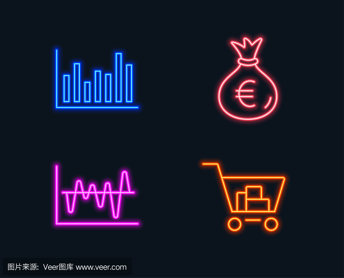 条形图,钱袋和股票分析图标。网上购物的迹象。